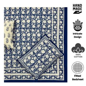 Juego de sábanas ajustadas de calidad 200TC con estampado Floral Vintage de lujo al por mayor 3 indios hechos a mano 78x80x12 pulgadas 100% algodón puro - Product Image 2