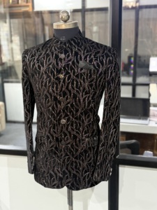 Elegante Sherwani Negro para Hombre, Corte Entallado, Largo hasta la Rodilla, Traje de Boda Estilo India/Pakistán, para Todas las Temporadas, Sin Arrugas - Product Image 6