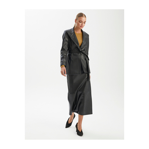 Chaqueta Kusakli Suni para Mujer, Manga Larga, Doble Bolsillo, con Cinturón, Sin Forro, Elegante, de Piel Sintética - Product Image 4