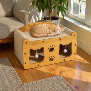 Griffoir pour chat en bois durable, fabriqué en usine au Vietnam, avec deux niveaux, lit cachette pour chaton avec jouets interactifs - Product Image 2