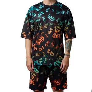 Men's Black Sublimation Printed <b>BAD</b> Letter Pattern Quick Dry Polyester Casual Summer Shorts Set Crew Neck Knitted Fabric - Product Image 1