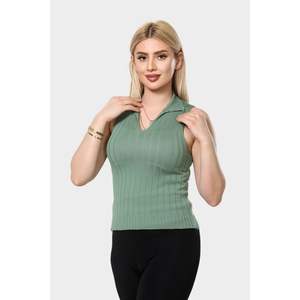 Haute qualité femmes décontracté court longueur tricoté Blouse respirant solide ajusté Polo col V coupe 220 grammes Texture douce rapide - Product Image 2