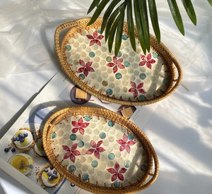 Plateau de rangement en rotin fait main assiette de salon ronde panier de fruits pique-nique plateau à bonbons plateau de service en rotin - Product Image 6