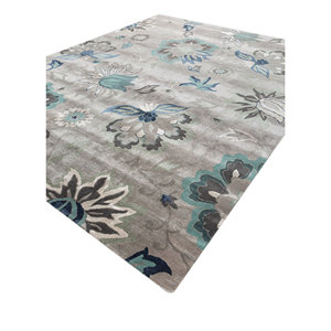 Hacienda <b>Hand</b> <b>Tufted</b> Wool Viscose <b>Rug</b> Grey Black Floral Striped Rectangular Patterns 10mm Braided-Tra-14483 for Home Hallway - Product Image 2