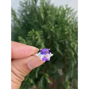14K Gold Natural Amethyst Diamond Emerald Cut <b>Ring</b> Handmade Luxury Fine Jewelry Wholesale Supplier - Product Image 3