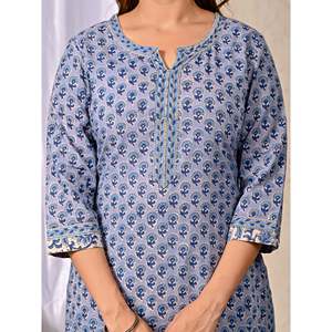 Grey Cotton Kurta Pant Set with Butti Block Printed Ethnic <b>Bandanas</b> - Product Image 2