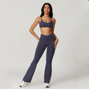 Wholesale Custom Logo 2 Piece Set Women Sports Bra & High Waist <b>Flare</b> <b>Leggings</b> Set Navy High Impact Gym Wear Yoga Women's Sets - Product Image 1