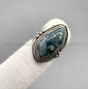Nouvelle mode créative mousse Agate pierre précieuse bague 10x20mm fantaisie forme 925 en argent Sterling fait à la main oxydé bohème bijoux pour femmes - Product Image 1
