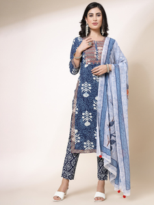 Elegante y Estiloso Conjunto de Kurta, Pantalón y Dupatta de Algodón con Bordado Floral Azul, Última Moda Étnica para Primavera/Verano, Exportación al por Mayor OEM - Product Image 3