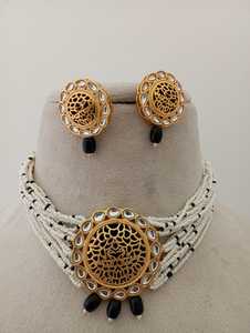 Conjunto de collar de gargantilla de pintura circular Kundan hecho a mano elegante para mujer con cadena de bambú única pendientes de perlas compañero para niñas - Product Image 2