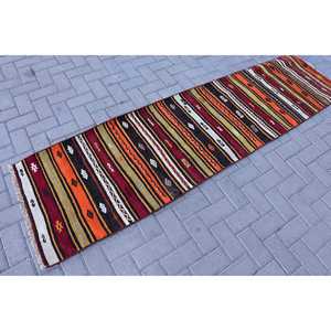 Vintage Kilim Rug 2.1x8.4 ft, <b>Red</b> Black Bordered <b>Wool</b> Turkish Rug - Product Image 2