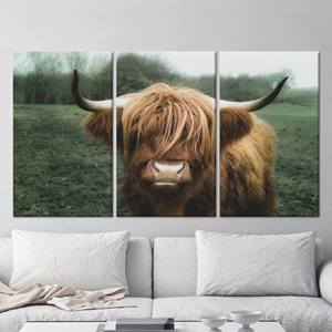 Arte de pared con diseño de vaca de las Tierras Altas: lienzo impreso con diseño de toro escocés para decoración elegante, juego de 3 lienzos - Product Image 1