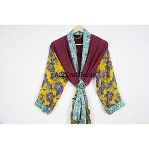 Kimono Largo de Seda Hecho a Mano para Mujer, Estilo Sari, Cuello en V, Cierre con Cordón, Diseño de Patchwork, Talla Única, para Invierno, para Damas de Honor - Product Image 1