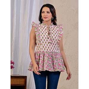 White Breathable Cotton Fabric <b>Top</b> Butta Jaal Printed Casual Tank Halter Collar <b>Cross</b> One Fits All XS Included for Daily - Product Image 1