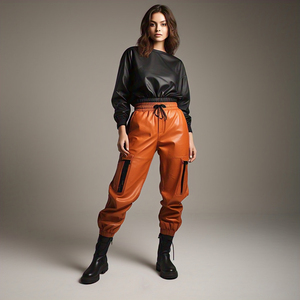 Pantalones de tubo de piel sintética de último diseño para mujer, ajuste Regular, cintura alta, invierno, negro, naranja, estilo callejero - Product Image 2