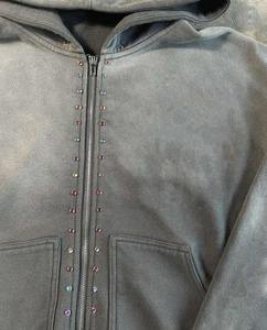 MOVETEXTILE 100% coton Sweat à capuche court pour hommes Acid Wash Distressed Hoodies Zipper-up Logo personnalisé Rhinestone Sweat à capuche surdimensionné pour hommes - Product Image 2