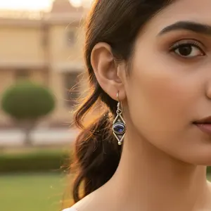 Pendientes Colgantes Vintage de Plata 925 con Zafiro Azul, Baño de Oro, Forma de Gota de Agua y Perla de Diamante para Mujer. para bodas - Product Image 3