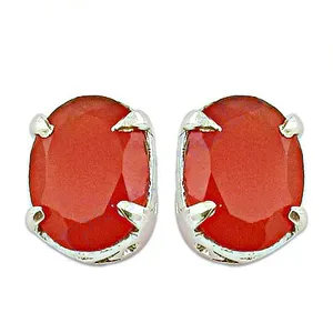 Boucles d'oreilles clous en argent 925 pour femmes, pierre de cornaline rouge ovale, bijoux, accessoire de mode - Product Image 1