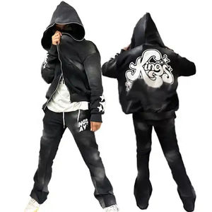 ชุดเซ็ตเสื้อฮู้ดซิปและกางเกงวอร์มทรงขาบานพิมพ์ลายพัฟฟ์สไตล์สตรีทแวร์ฤดูหนาว ลวดลายกรด ยูนิเซ็กซ์ พร้อมโลโก้สั่งทำพิเศษ 100% - Product Image 1