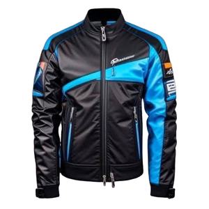 Esta es una chaqueta de motociclista de cuero negra y azul. - Product Image 1