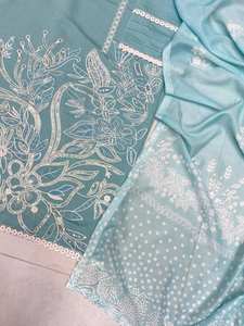 Ropa de Diseñador Exclusiva, Salwar Kameez Moderno en Tela de Seda Romana con Bordado de Lentejuelas para Fiesta, con Top, Pantalón y Dupatta - Product Image 6