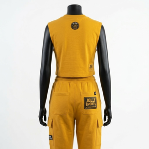 Ensemble de vêtements pour femmes, t-shirt sans manches en coton premium 200 GSM, pantalon cargo, jaune moutarde, logo imprimé personnalisé - Product Image 4