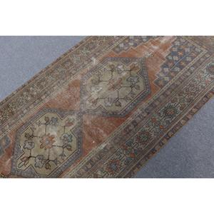 Turkish Vintage Patchwork Area Rug 3.7x8.2 ft <b>Brown</b> <b>Wool</b> Eco-Friendly Latex Backed Rug - Product Image 5