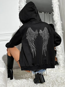 Sudadera con capucha y cremallera completa personalizada de alta calidad para mujer con patrón Skelton, accesorio de temporada de invierno con diamantes de imitación - Product Image 2