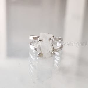 Raw <b>Stone</b> Jewelry Women's <b>Ring</b> Natural Rainbow Moonstone Gemstone June Birthstone Hammered <b>Two</b> Band 925 Sterling Silver <b>Ring</b> - Product Image 3