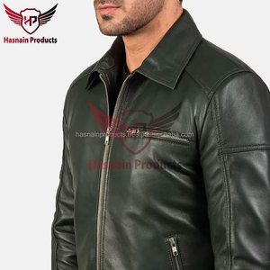 Veste en cuir véritable vert pour homme, col rabattable, fermeture éclair, poche poitrine, en peau de mouton, style motard olive, effet vieilli, sur mesure, vêtement d'extérieur hiver - Product Image 6