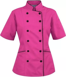 Manteau de chef à demi-manches pour femmes de qualité supérieure Uniforme de cuisine de restaurant à double boutonnage Tissu en polyester de coton tissé - Product Image 4