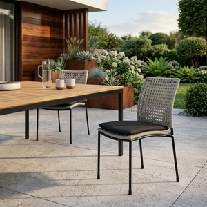 <b>White</b> Woven Modern Metal Outdoor Dining <b>Chair</b> Iron Pipe Frame Synthetic Ropes Fabric Cushion Setup - Product Image 4