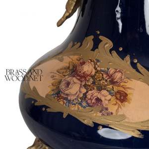 Antique porcelain and brass table <b>lamp</b> with deep blue floral <b>base</b> elegant golden details and fabric shade for timeless luxury - Product Image 5