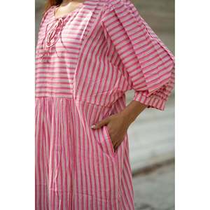 Cotton Midi <b>Dress</b> <b>with</b> Stripe Hand Block Print Boho Artisan Style Oversized Long Sleeves Loose Fit <b>Pockets</b> ODM 5XL Bridesmaid - Product Image 3