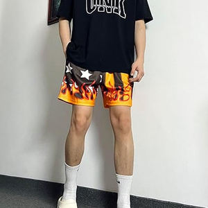 Shorts de basketball pour hommes 2026, noir et orange, avec imprimé flamme étoilée, décontractés, pour l'entraînement, athlétiques, en maille, pantalon de course, motif uni - Product Image 3