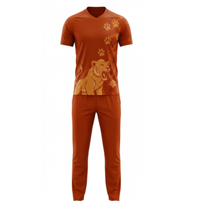 Uniforme Profesional de Cricket para Hombre |   Conjunto Deportivo Sublimado Transpirable de Jersey y Pantalones Naranja con Gráfico de León y Huella de Pata - Product Image 1