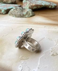 Handmade Turquoise and <b>Sterling</b> <b>Silver</b> <b>Adjustable</b> Flower <b>Ring</b> Boho Jewelry - Product Image 4
