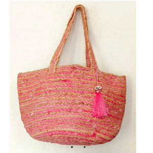 Bolsos de mano de playa de tela de yute 100% ecológicos para mujer, hermoso patrón estampado de encaje de verano para damas - Product Image 1