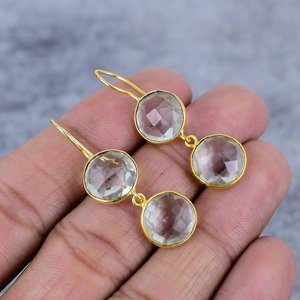 White Topaz Round Shape Gemstone 925 Sterling <b>Silver</b> Gold Plated Wire <b>Earrings</b> for <b>Women</b> Bridesmaid Elegant <b>Earring</b> Gift for Her - Product Image 1