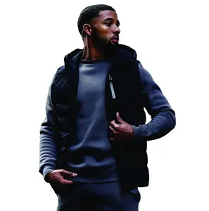 100% Polyester Core Gilet Lightweight Sleeveless Full Zipper Funnel Neck Black men's Gilet Jacket with Adjustable Toggle