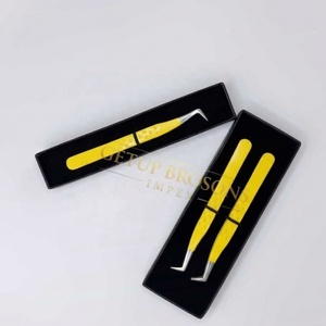 Pince à épiler professionnelle pour extensions de cils, haute qualité, 90 degrés, revêtement en poudre jaune, pointe argentée, logo personnalisé, instrument de beauté - Product Image 3