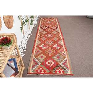 Vintage Rug, 3x10.1 ft <b>Runner</b> Turkish Rug, Herki <b>Red</b> Brown Oriental Rug - Product Image 1