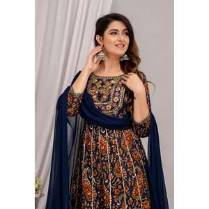 Conjunto de pantalones Anarkali Kurta con bordado Floral para mujer azul marino Dupatta bordado Floral elegante para festivales especiales - Product Image 2