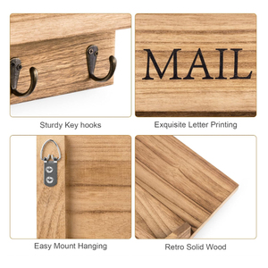 Mail Organizer with <strong>Key</strong> Holder <strong>for</strong> Wall <strong>Decorative</strong> Mail Sorter Wall Mounted, Wooden Mail Holder with 3 <strong>Hooks</strong>, Carbonized Brown - Product Image 4