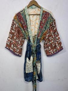 Peignoir court confortable pour femme, style bohème, imprimé floral, patchwork de soie, ouverture devant, pour demoiselle d'honneur - Product Image 2