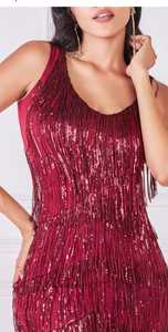 Hermoso vestido MIDI adornado con cuentas flecos sin mangas escote ovalado cintura natural decoraciones de perlas Vestido corto de Graduación - Product Image 3