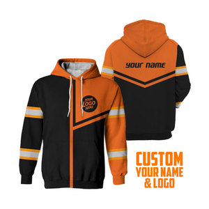 Sudaderas con capucha reflectantes de lona de alta visibilidad con logotipo personalizado Ropa de trabajo de seguridad para hombres con cuello levantado y cinta reflectante Color naranja - Product Image 5