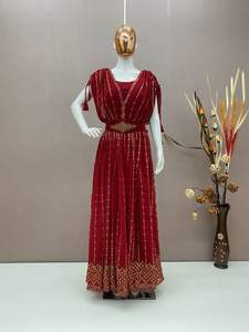 DESIGNER GEORGETTE SEQUENCE EMBROIDERY WORK FANCY SLEEVE GOWN WITH <b>BELT</b> PARTY WEAR DRESS WEDDING WEAR TRADITIONAL WEAR - Product Image 3