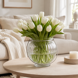 Jarrón de Vidrio Transparente <span class=keywords><strong>con</strong></span> Diseño Acanalado y Asa Metálica, Portaflores Redondo para Decoración de Mesa en Bodas y Hogar, Venta al Por Mayor - Product Image 1