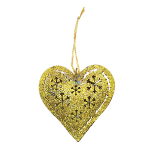Gold Glitter Heart Shape Hanging Christmas Ornament Metal Decoration with Snowflake Design for Holiday Tree Home Festive Decor - Product Image 1